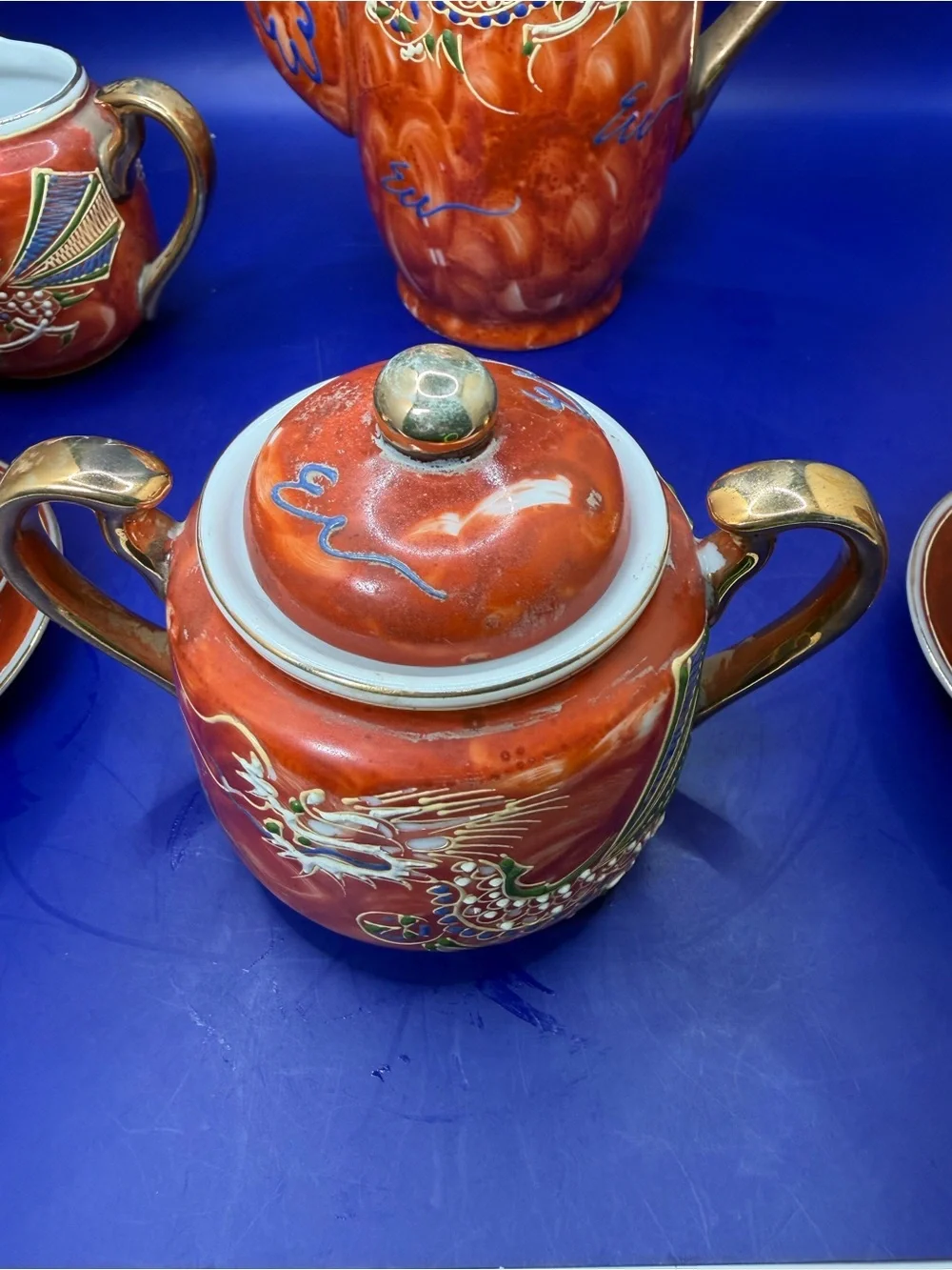 Rust Red Dragonware Porcelain Tea Set with Gold Accents - Vintage
